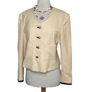 Kasper A.S.L. Pale yellow + blue trim vintage 4-button long sleeve blazer Size 8